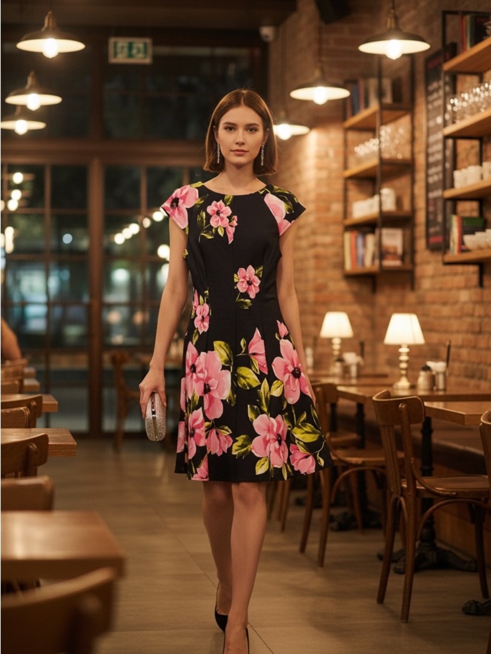 Glamour Black Midi Dress with Pink Floral Print